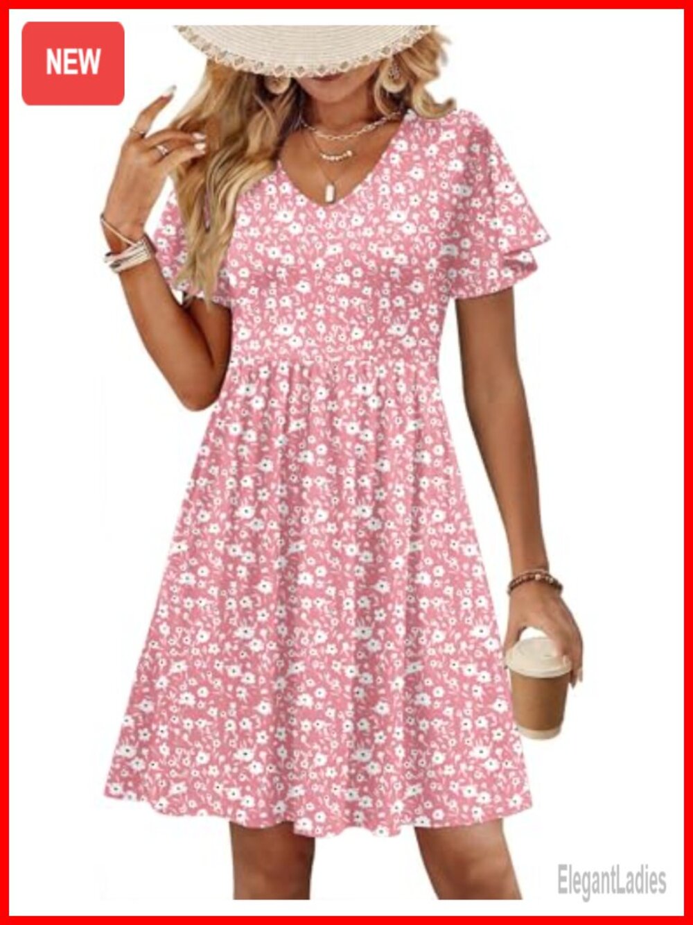 Womens Summer Swing Dress Floral Ruffle Short Sleeve V-Neck Casual Beach Mini